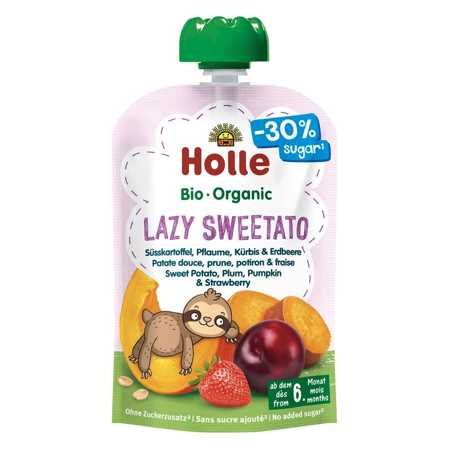 MUS SŁODKI LENIWIEC (BATAT – ŚLIWKA – DYNIA – TRUSKAWKA) BEZ DODATKU CUKRÓW BEZGLUTENOWY OD 6 MIESIĄCA DEMETER BIO 100 g – HOLLE