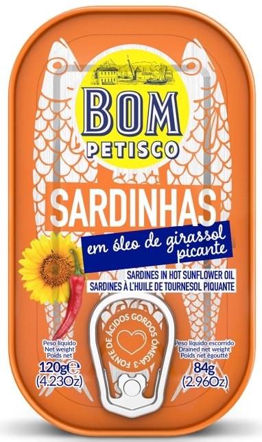 SARDYNKI PORTUGALSKIE W PIKANTNYM OLEJU SŁONECZNIKOWYM 120 g (84 g) - BOM
