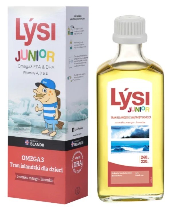TRAN ISLANDZKI OMEGA-3 (1195 mg) O SMAKU MANGO - LIMONKA DLA DZIECI 240
