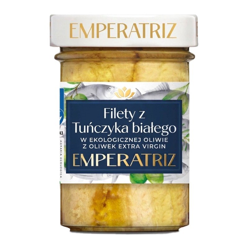 TUŃCZYK BIAŁY FILETY MSC W BIO OLIWIE Z OLIWEK EXTRA VIRGIN 180 g (SŁOIK) - EMPERATRIZ
